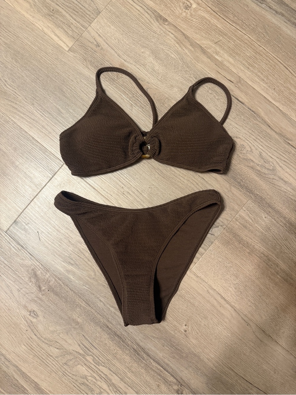 Brown Textured Ring-Front Bikini Set - Women Swim